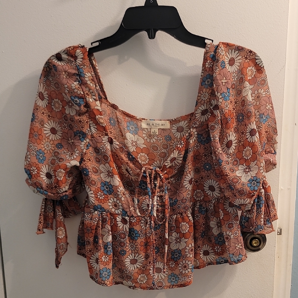 Orange and Brown Puff Sleeve Blouse with Tie Front